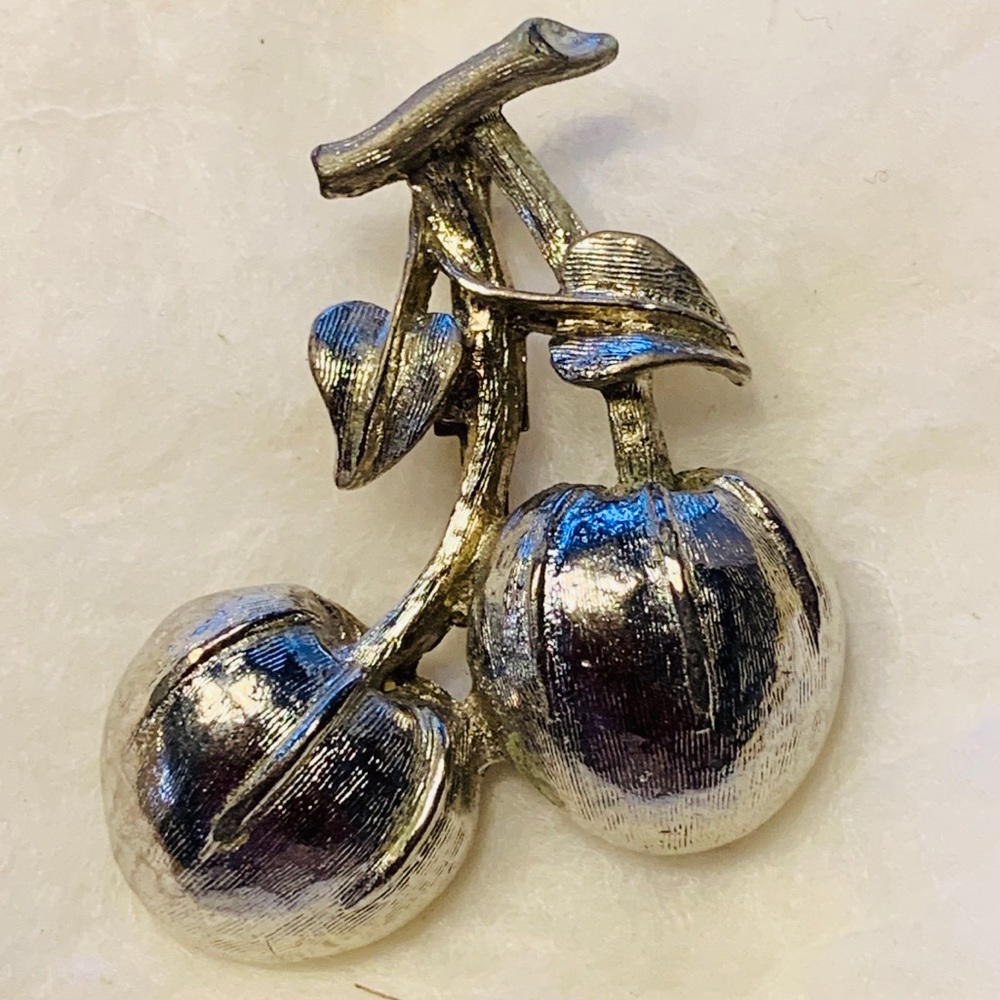 Vintage Silver-tone Cherries Brooch Pin
